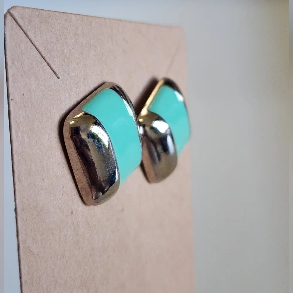 Vintage Avon Silver and Green Enamel Square Stud Earrings